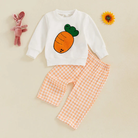 Boy's Easter Carrot Embroidered Sweatshirt & Plaid Pants