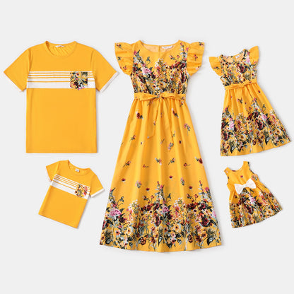 Family Matching! Blue or Yellow Floral Ruffle-Sleeve Midi Dresses & Striped T-shirts