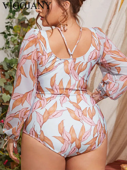 Print Long Sleeve Plus SwimwearHollow Push Up One Piece Swimsuit Summer Beach Bathing Suit