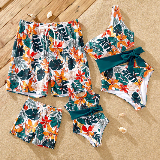 Family Matching! Tropical One Shoulder One Piece Swimsuits & Trunks