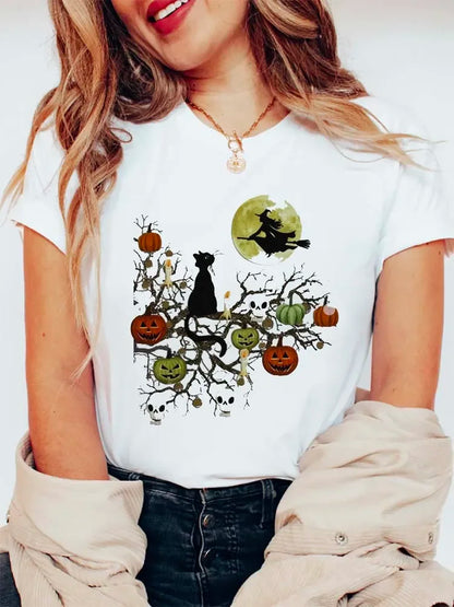 Halloween Tees! Womens Witchy Cat Graphic Print T-Shirts