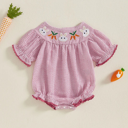 Girl's Embroidered Easter Bunny Striped Rompers