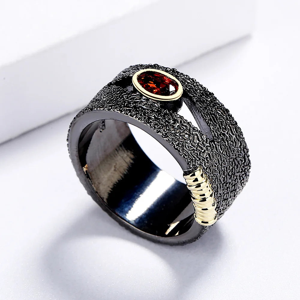 Black & Gold Style Rings Red Zircon Rings