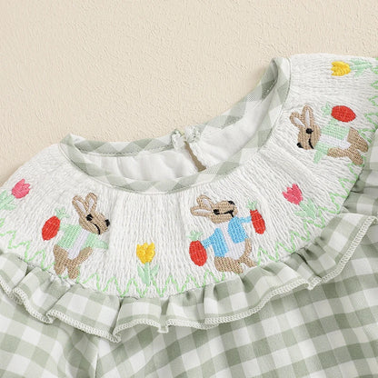 Girl's Plaid Easter Bunny Carrot Shirred Rompers