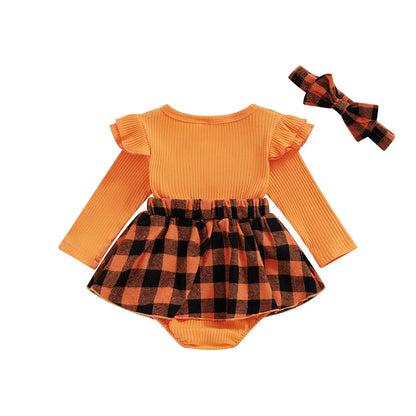 2-Piece Halloween Outfits! Girl’s Long Sleeve Embroidered Pumpkin Rompers, Dress & Headband Sets