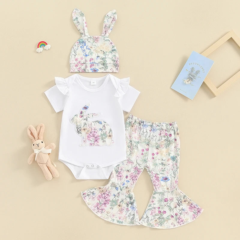 Girl's  Onesie, Bunny Ear Hats & Floral Bell Bottom Pants