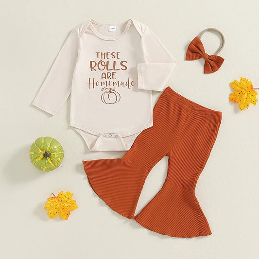 Girl's 3-Piece Thanksgiving "These Rolls Are Homemade" Onesie, Pants & Bow Headband Sets