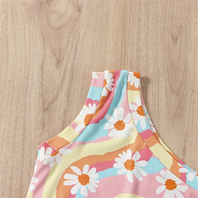 Baby Girls Swimsuits Rainbow Floral Print Bikini Set Sleeveless Bathing Suit Clothes