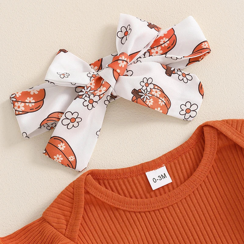 Girl's Floral Pumpkin Onesies, Pants & Bow Headband Sets