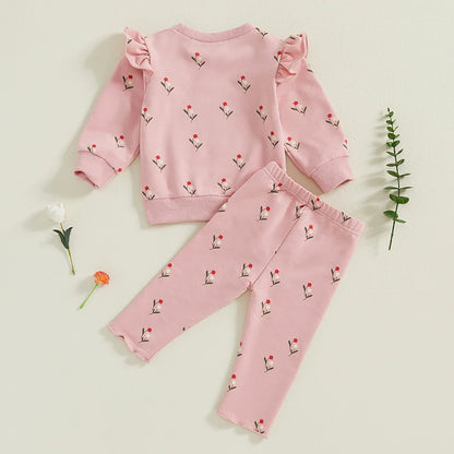 2-Piece Fall Outfits! Girl’s Long Sleeve Flower Sweatshirt Rompers & Pants Sets