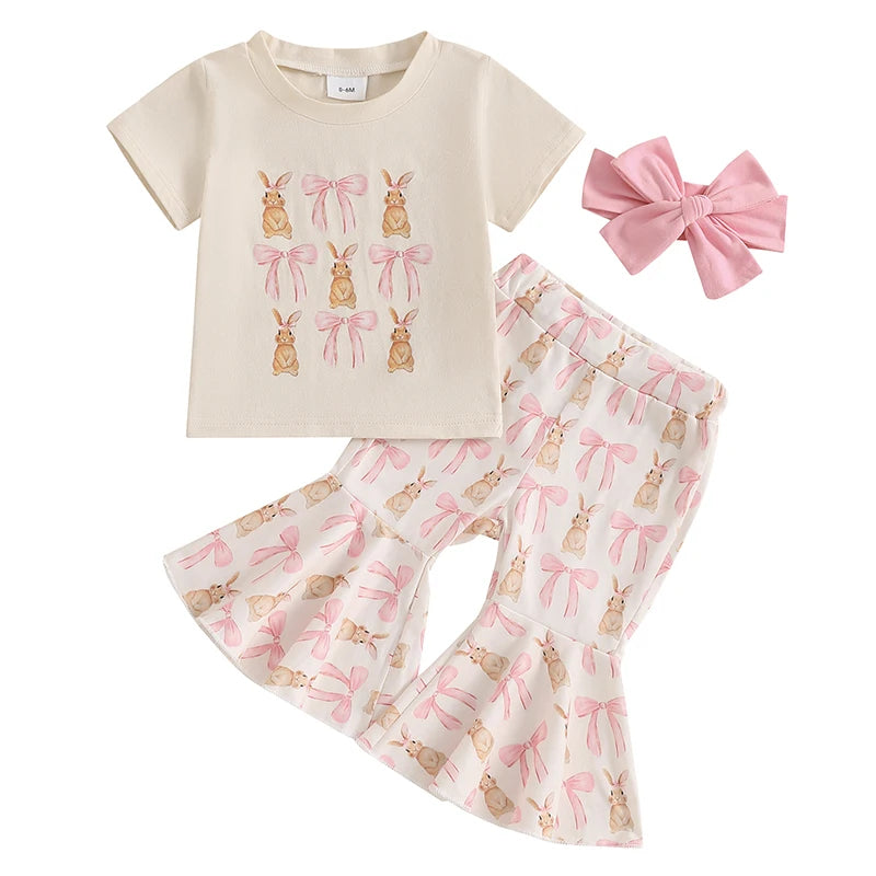 Girl's Easter Bunny T-Shirt, Flare Pants & Bow Headband Sets3-Piece Set