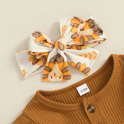 3-Piece Thanksgiving Outfits! Girl’s Long Sleeve Onesies, Pants, and Headband Sets