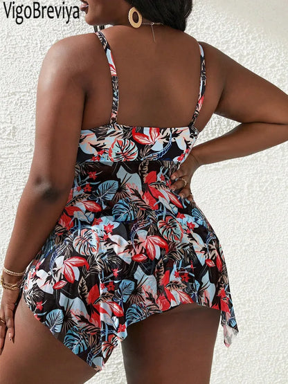 Sexy Print Strapped 2 Piece Plus Tankini SetMesh Patchwork Push UP Swimsuit Summer Beach Bathing Suit