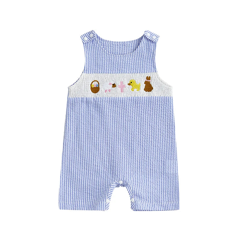 Boy's Sleeveless Plaid, Striped Easter Bunny Rompers