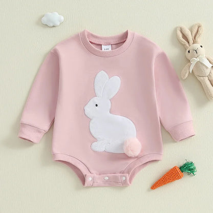 Girl’s Long Sleeve Easter Bunny Embroidered Sweatshirt Rompers