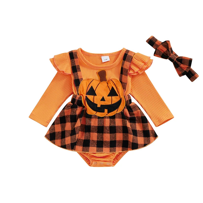 2-Piece Halloween Outfits! Girl’s Long Sleeve Embroidered Pumpkin Rompers, Dress & Headband Sets