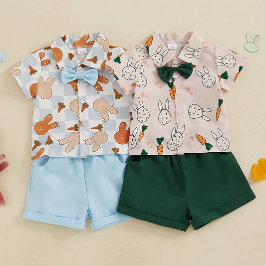 Boy's Button-Up Easter Bunny Carrot Bow Tie Polos & Shorts Sets