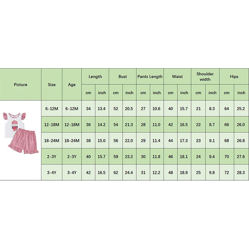 Girl's 2-Piece Embroidered 4th of July Fly Sleeve Popsicle Top & Plaid Shorts Sets