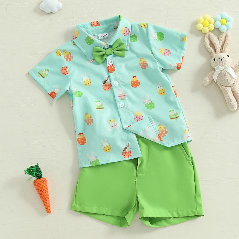 Boy's 2-Piece Easter Bunny/Egg/Carrot Bow-Tie Button Up Polos & Shorts Sets