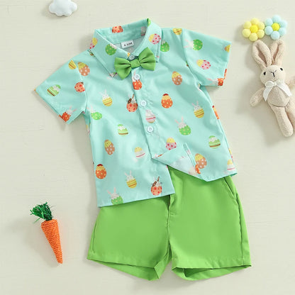 Boy's 2-Piece Easter Bunny/Egg/Carrot Bow-Tie Button Up Polos & Shorts Sets