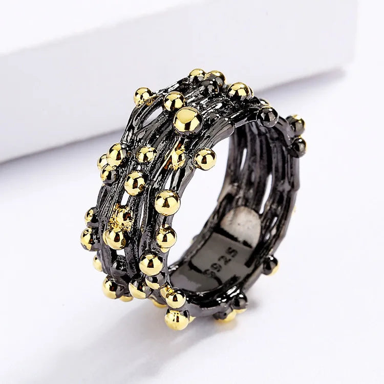 3-Piece Black & Gold Style Wreath Rings, Necklace & Earrings Sets