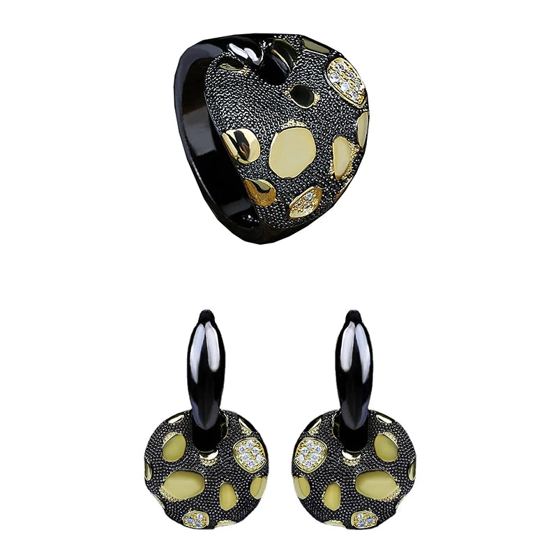 2-Piece Vintage Black & Gold Style Ring & Earrings Sets