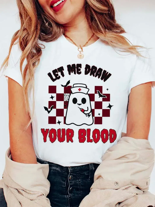 Halloween Tees! Womens Ghost Nurse Draw Your Blood Graphic T-Shirts