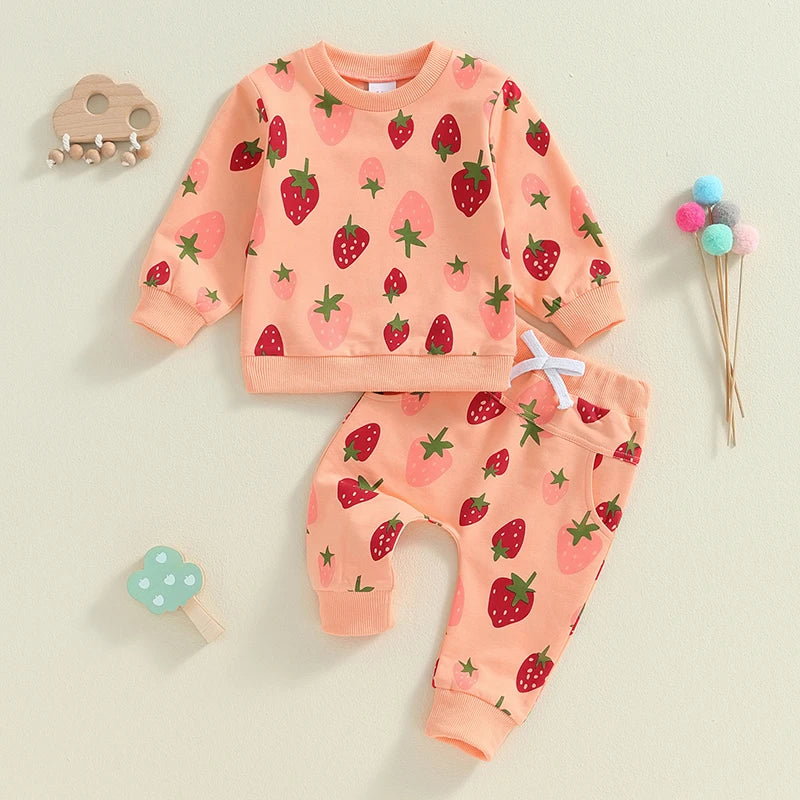 2-Piece Fall / Winter Outfits! Girl’s Strawberry Long Sleeve Shirt & Pants Sets