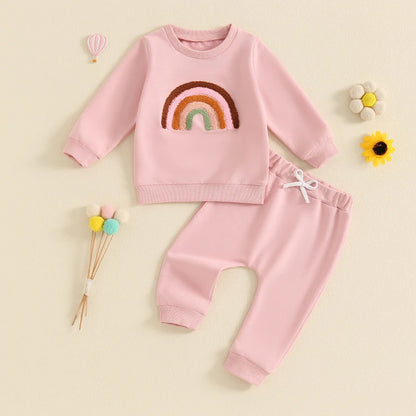 2-Piece Outfits! Girl's Embroidered Rainbow Sweatshirt & Pants Sets