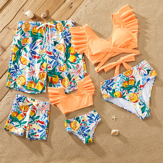 Family Matching! Orange Printed Drawstring Swim Trunks or Ruffle Sleeves Cross Bikini