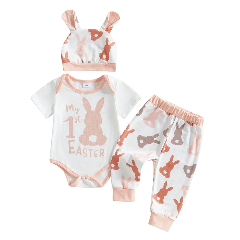 Girl's & Boy's Easter Bunny Romper Pants Hat & Rabbit Ears Set