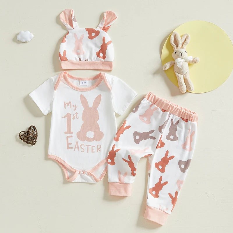 Girl's & Boy's Easter Bunny Romper Pants Hat & Rabbit Ears Set