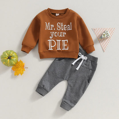 2-Piece Thanksgiving Outfits! Boy's "Mr. Steal Your Pie" Fall Sweatshirt & Pants Sets