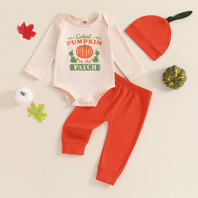 3-Piece Halloween Outfits! Girl’s Long Sleeve Pumpkin Rompers, Pants & Hat Sets