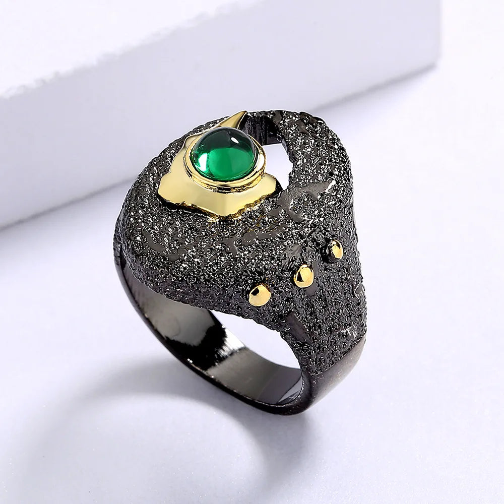 Ring Black & Gold Style Rings with Green Zircon Rings Gold