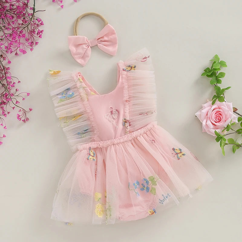 2-Piece Outfits! Girl's Sleeveless Embroidered Floral Tulle Overall Dress & Headband Sets