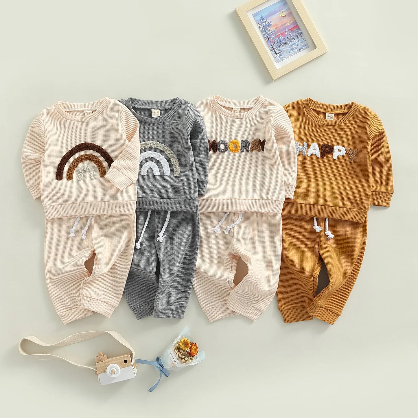 2-Piece Outfits! Boy's & Girl's Fall "Happy" "Hooray" & Rainbow Print Sweatshirt & Pants Sets