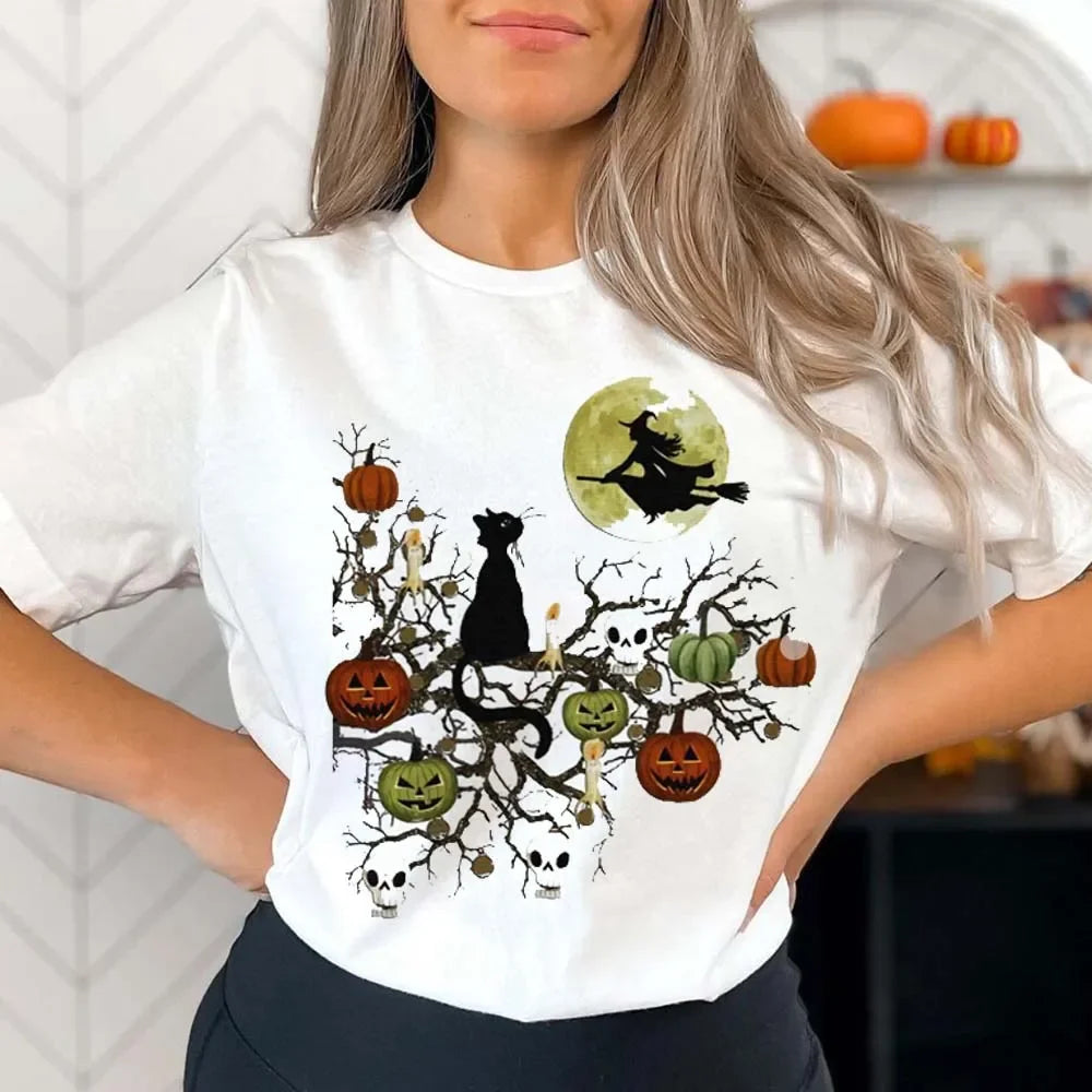 Halloween Tees! Womens Witchy Cat Graphic Print T-Shirts