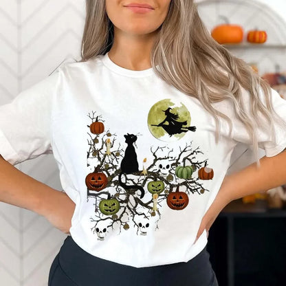 Halloween Tees! Womens Witchy Cat Graphic Print T-Shirts