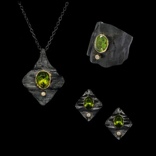 3-piece Black & Gold Style Green Zircon Gemstone Rings, Necklace & Earrings Sets