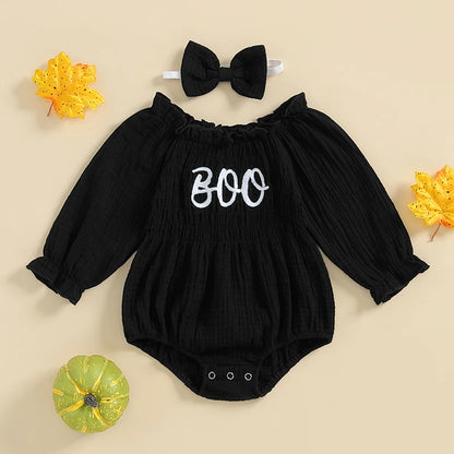 2-piece Girl's Halloween *Boo* Onesies with Matching Bow Headband