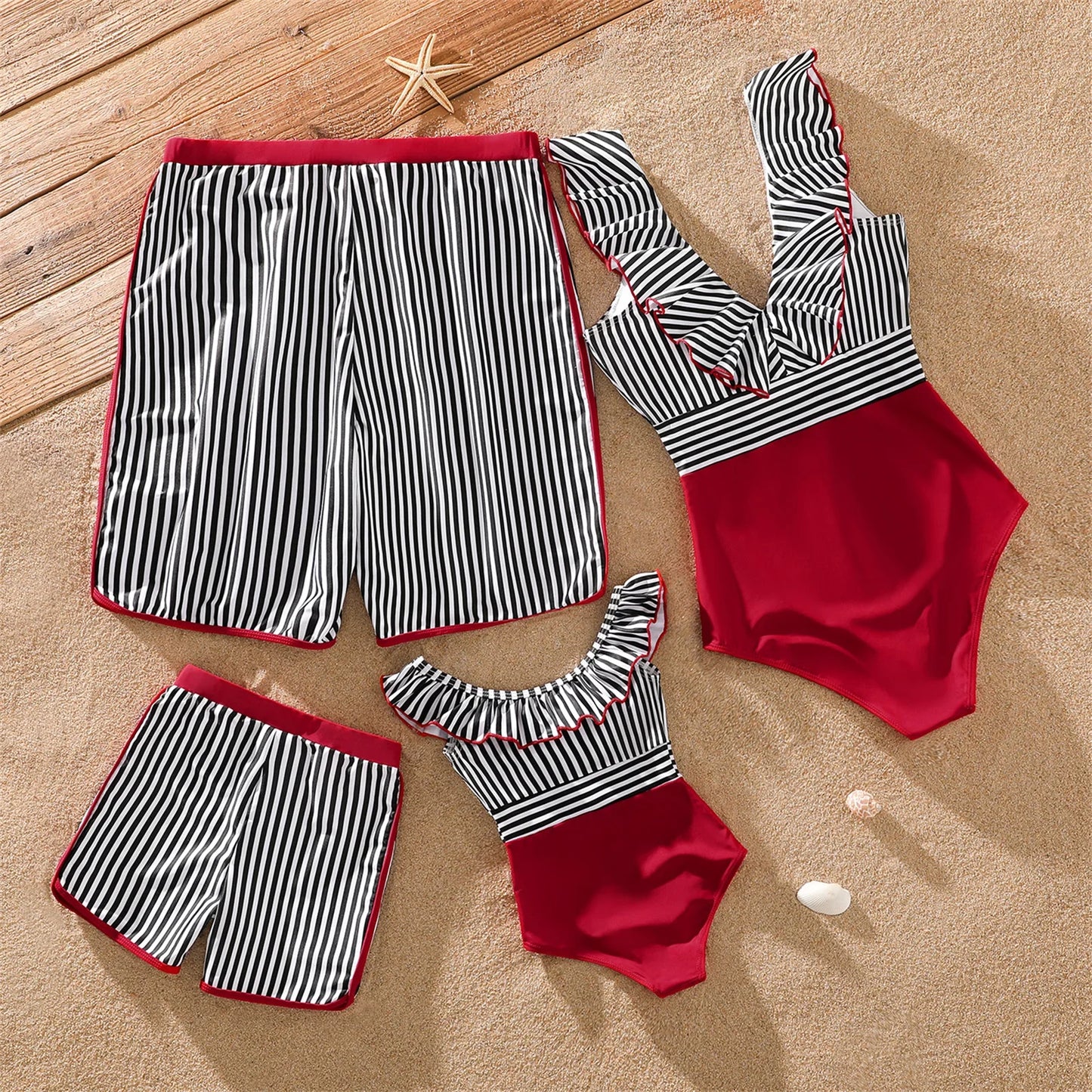 Family Matching! Striped Swim Trunks & Ruffle Splicing One Piece Swimwear Suitable for Summer Season