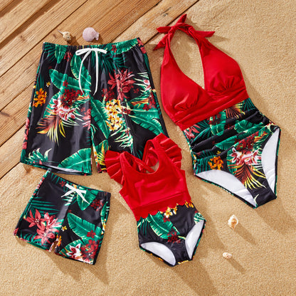 Family Matching! Floral Drawstring Swim Trunks or Red Halter Top Spliced Swimsuit