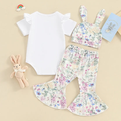 Girl's  Onesie, Bunny Ear Hats & Floral Bell Bottom Pants