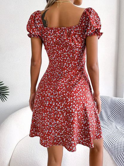 Womens Floral Print Puff Sleeve Mini Dresses