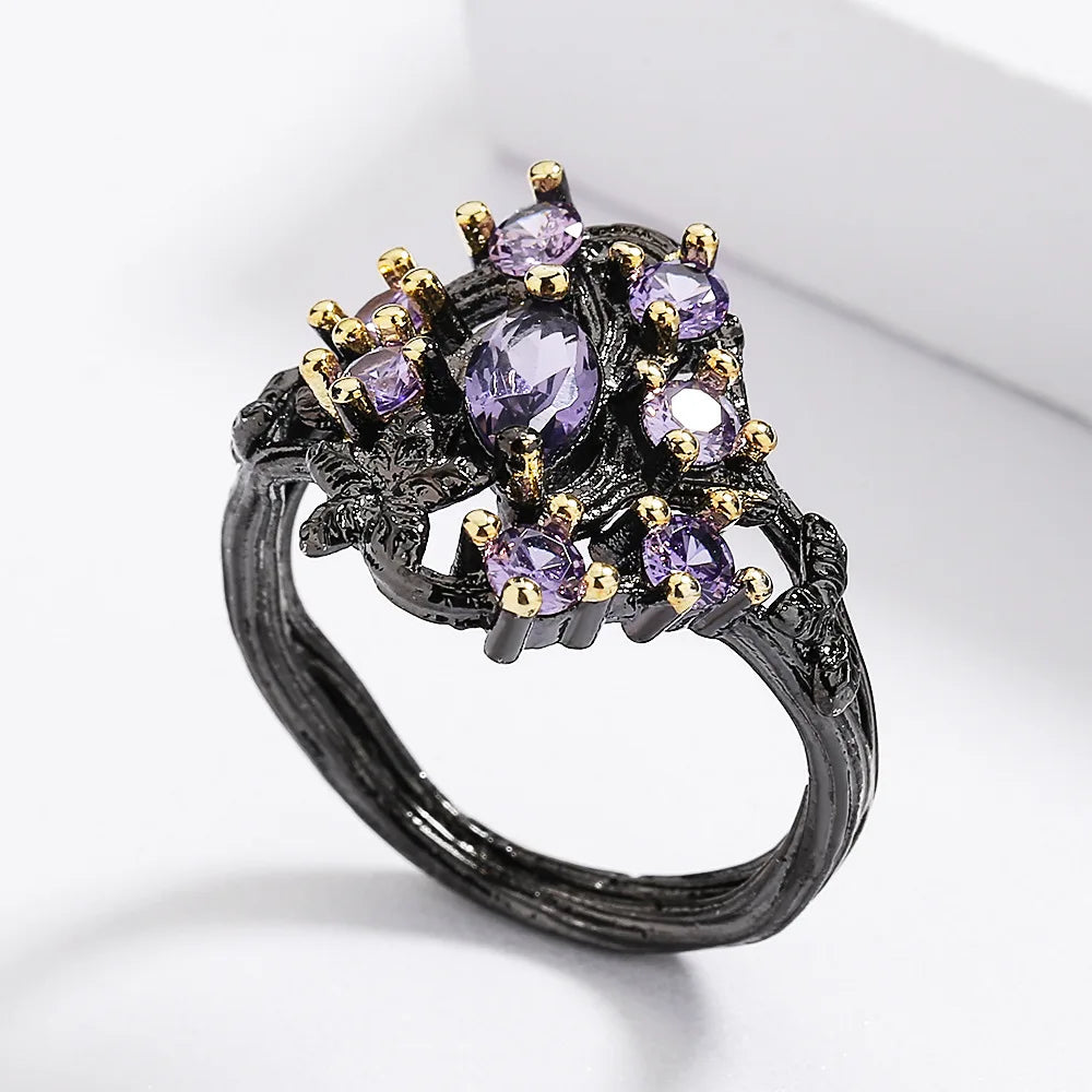 Purple Zircon Black & Gold Style Flower Rings