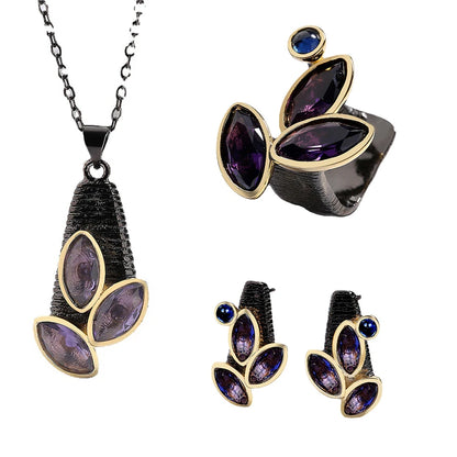 3-piece Purple Amethyst Zircon Black & Gold Style Rings, Necklace & Earrings Sets