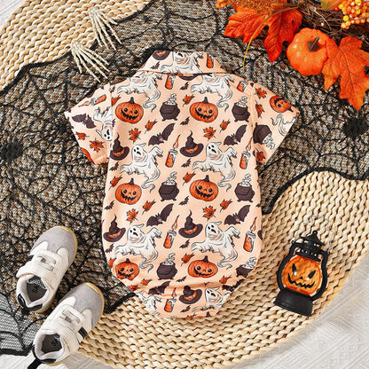 Ghost Pumpkin Halloween Onesies! Boy's Short Sleeve Button-Up with Bow-Tie Collar