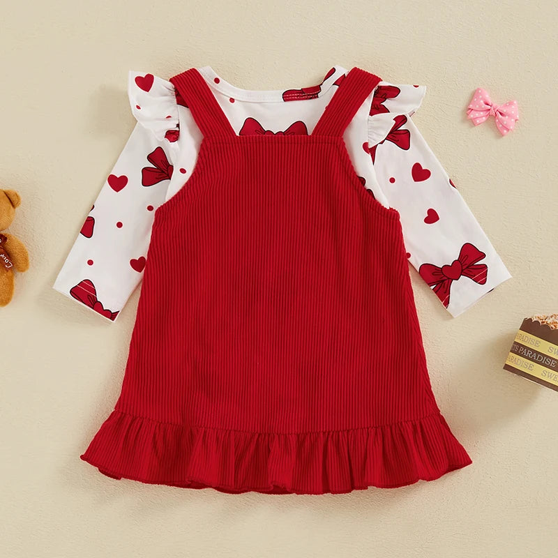 Girl's  2-Piece Bow Heart Onesie & Teddybear Corduroy Suspender Dress Sets