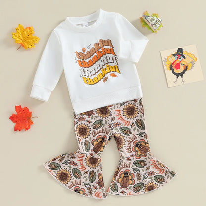 2-Piece Thanksgiving Outfits! Girl’s Long Sleeve Turkey Sweatshirt & Pants Sets